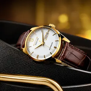 ROCOSJEWE Men's Automatic Mechanical Watch Golden Classic Dial Day & Date Display Luxury Leather Strap Business Dress Wristwatch Gift Choice