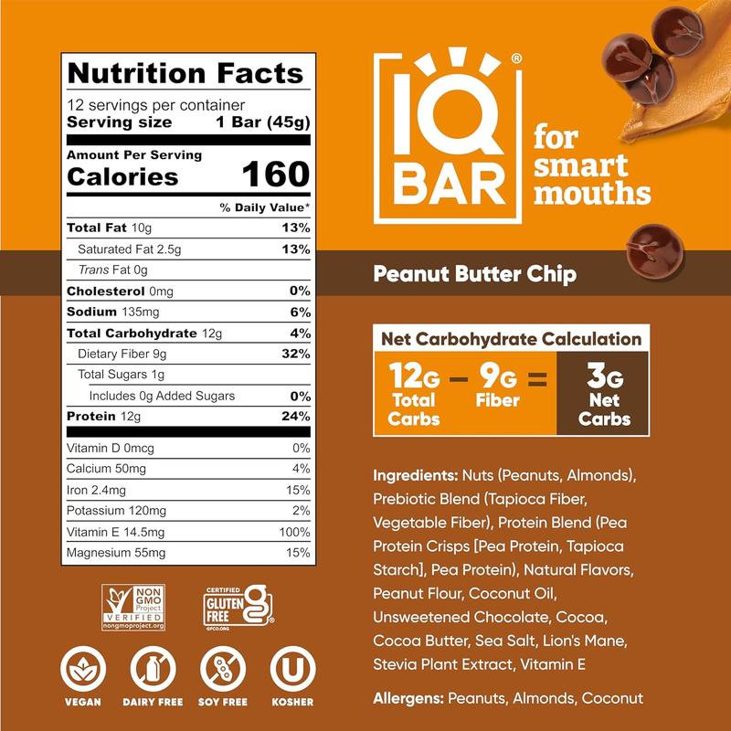 HOT-HOT-IQBAR Brain and Body Plant Protein Bars - Peanut Butter Chip - 12 Count, Low Carb, High Fiber, Gluten Free, Vegan Snacks - Low Sugar Keto Energy Bars