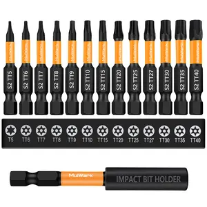 Mulwark 1" Torx Bits Set, 14 Pieces (T5-T40) – S2 Steel Security Torx Socket Bits with Magnetic Holder wrench drill bit