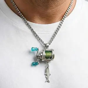 2026 New Mini Fishing Reel Necklace and Ring, Spinning Reel Pendant with Rotating Handle & Moving Line Guide, Mini Angler Jewelry for Fisherman Dad, &Outdoor Fishing Enthusiast