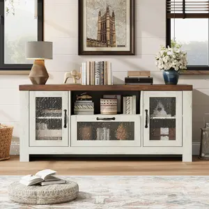 Farmhouse TV Stand  for 65 Inch TV,Wooden Entertainment Center with Stylish Glass Door,Large Sideboard Buffet Cabinet with Adjustable Shelves,TV Console Table Storage Cabinet