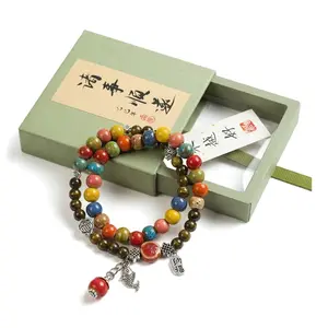 "Everything Goes Well" Double Layer Bracelet | Colorful Kiln-Changed Ceramic Boho Mala