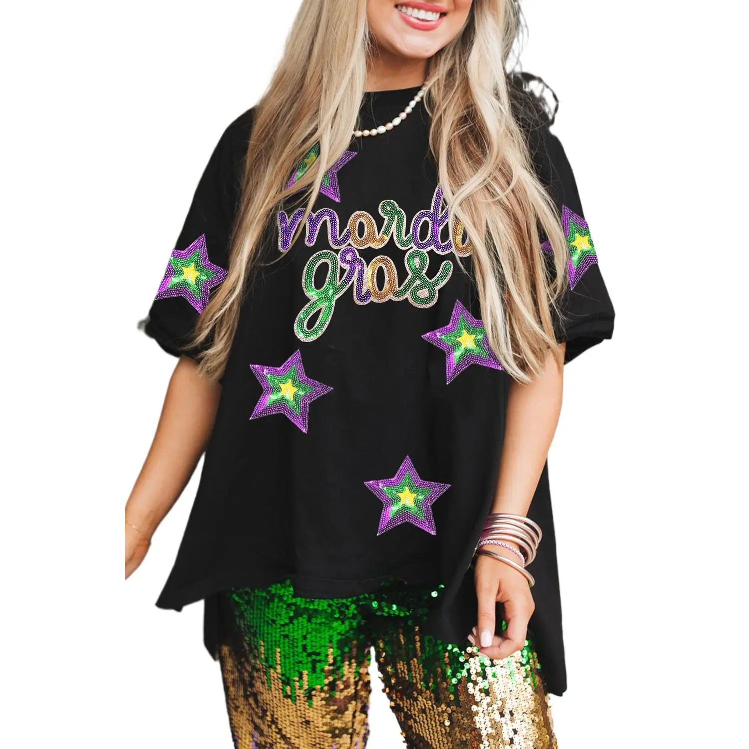Women's Black Sequin Stars Oversize Mardi Gras Graphic T-Shirt