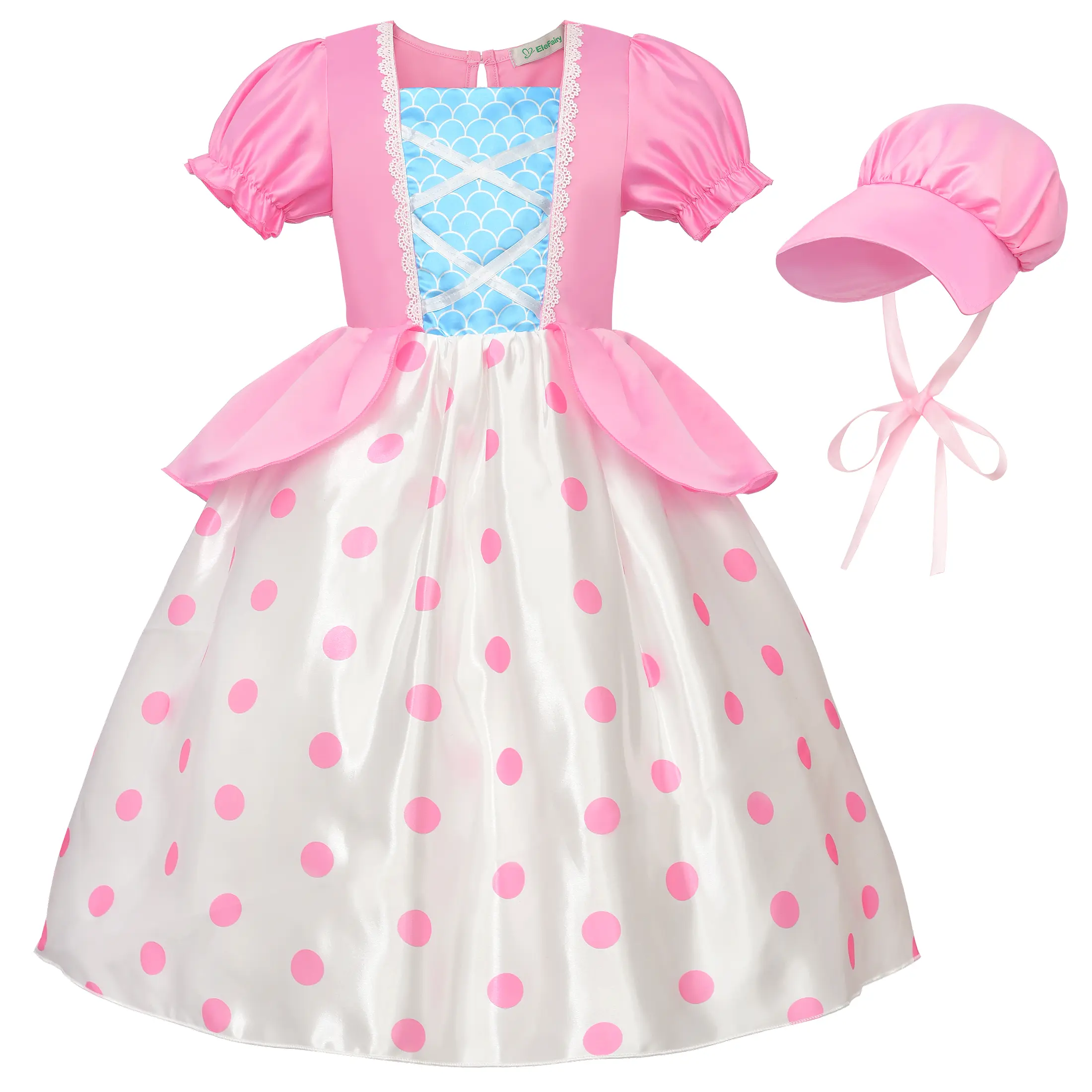 Girls' Pink Polka Dot Cotton Blend Bo Peep Costume - Ankle-Length Princess Dress with Hat, Elastic Waist, for Toddler Halloween Birthday Party Outfits