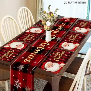 2D flat printing, 1 piece/4 pieces/6 pieces/5 pieces set/7 pieces set, Christmas checkered pattern table flag and placemat set, suitable for family gathering decoration, indoor and outdoor and daily dining table arrangement, party decoration set
