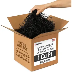 1 Cu Ft Ready To Ship Carton with Black Crinkle Paper Filler - 12" x 12" x 12" Single Wall (SD) Shipping Box with Shredded Paper for Gift Baskets, Decorative Box Filler, Confetti Gift Stuffing