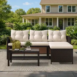 3 Piece Outdoor Patio Furniture Set, All-Weather PE Rattan Sofa Set with Glass Table & Cushions, Perfect for Garden, Poolside, Yard, Khaki