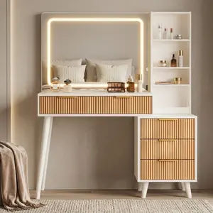 44 Inch Makeup Vanity Desk with LED Mirror, Fluted Drawer & Cabinet, 3 Lighting Modes & Built-in Power Outlet, Vanity Table for Bedroom