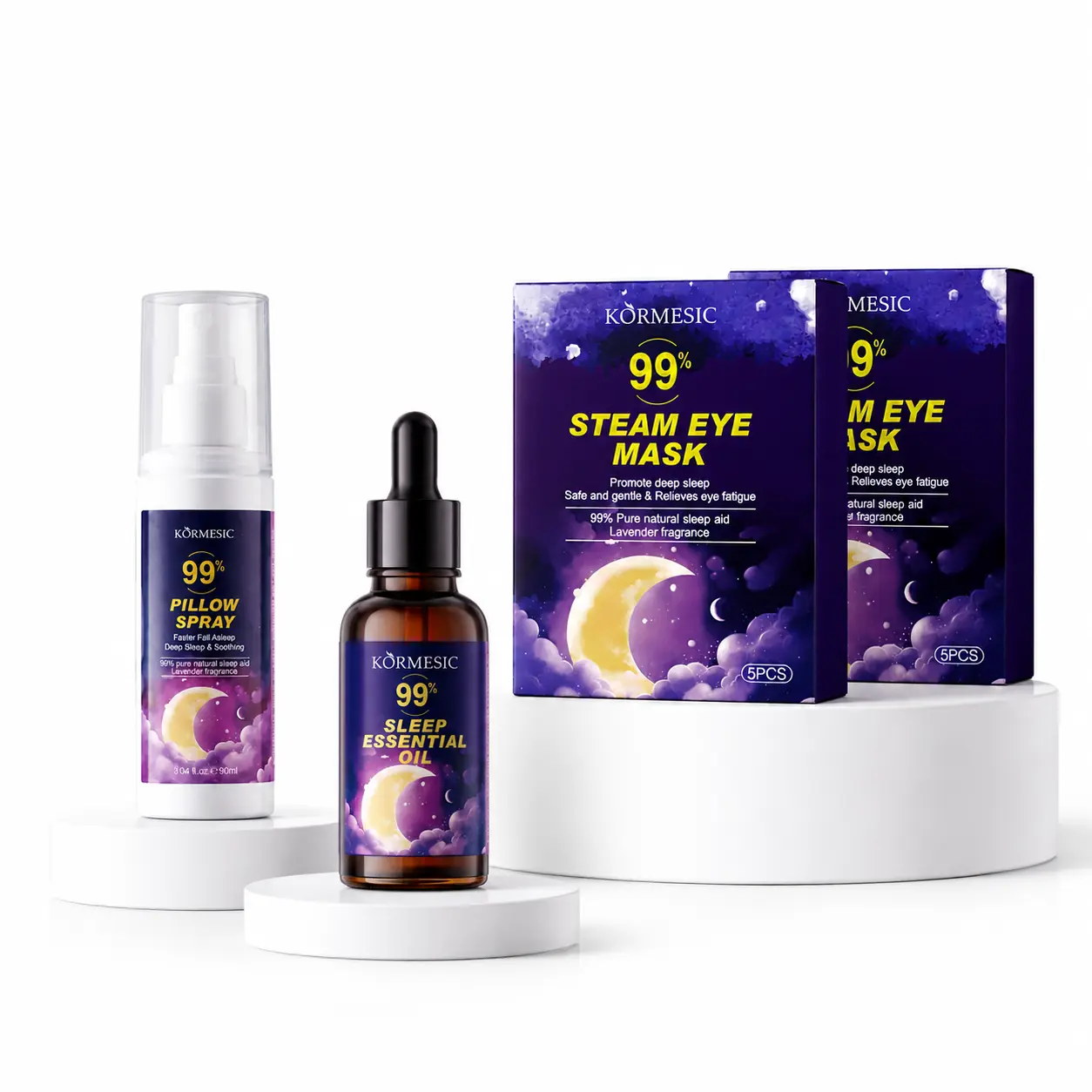 KORMESIC Ultimate Deep Sleep Therapy Collection, 3-In-1 Lavender & Rosemary Scent Set - 2-Box Steam Eye Mask, Calming Pillow Spray, Soothing Essential Oil