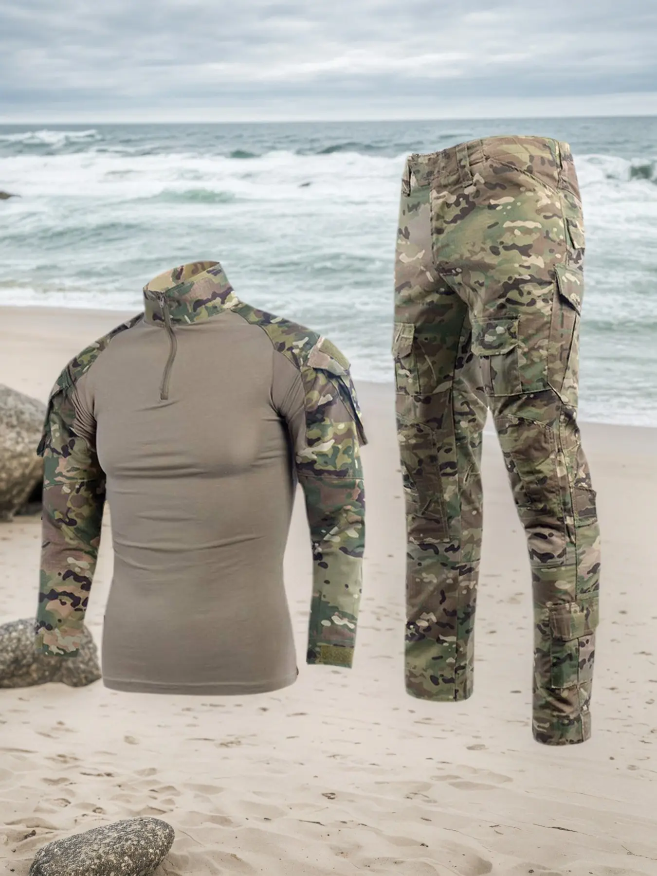 Men's Tactical Set Camouflage Shirt and Combat Pants Military Uniform Quarter Zipper Top War Gear Game Clothing