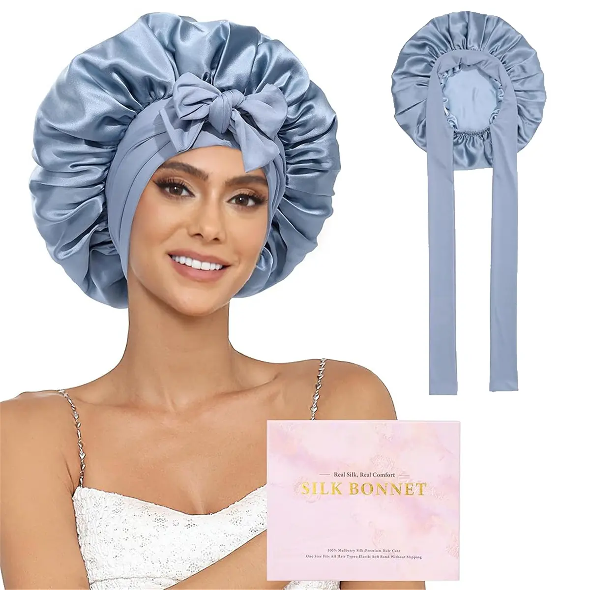 AWAYTR Reversible 100% Mulberry Silk Hair Bonnet, Double Layer Sleep Cap with Adjustable Tie for Women, Nighttime Hair Care to Protect Curls, Hair Care Cap