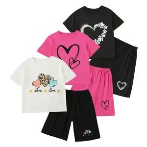 6-Pack #SummerVibes Girls' Summer Love Heart Print Vacation T-Shirt & Sunflower Flowers Dolphin Shorts Tracksuit Set for Sports, Casual, Dance