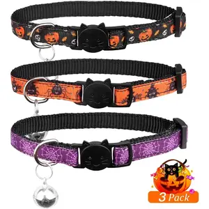 3PCS Halloween Breakaway Cat Collars with Bell Safety Adjustable Soft Nylon for Kitten Collars