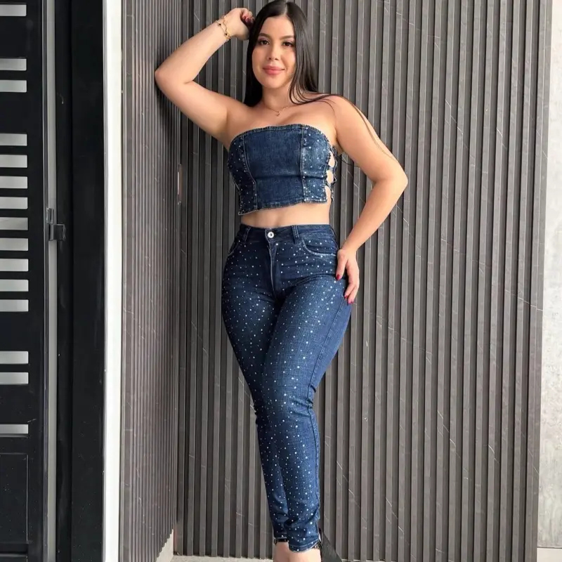 Women's Denim Jeans with Rhinestones, Matching Top Set