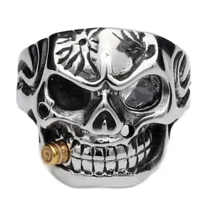 Men's Stainless Steel 1.5Ct Skull Biker Ring Cubic Zirconia Stone & Bullet