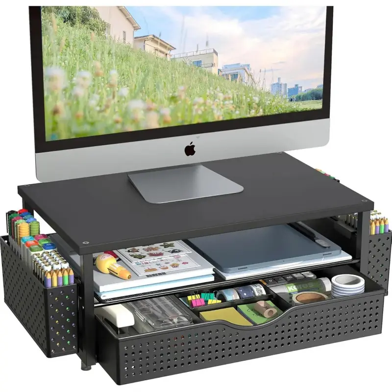 Desk Organizer and Accessories, Computer  Stand Riser with Drawer and 2 Pen Holders, Office Desk Accessories & Workspace Organizers for Office Supplies (Black)