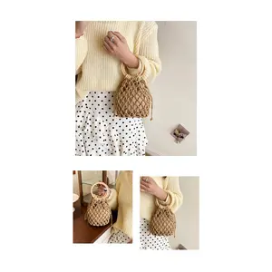 Women's Handmade Crochet Net Bag Wooden Ring Handle Drawstring Bucket Bag Hollow Out Cotton Woven Bag Summer Beach Casual Vacation Daily Fashion Tote Ladies Small Handbag