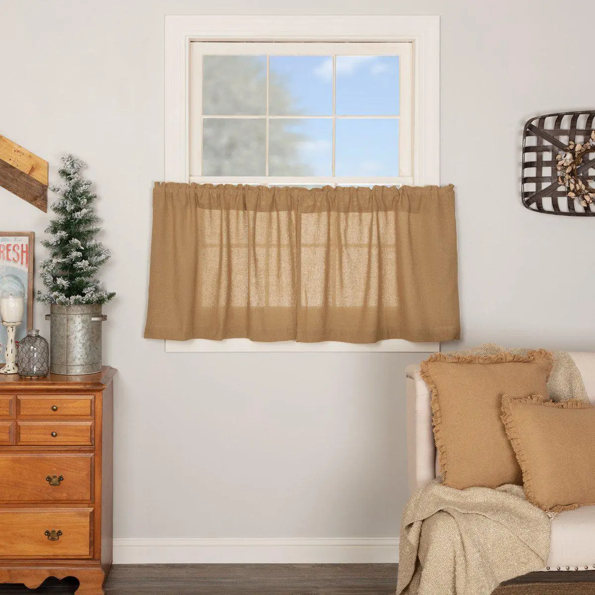 Baxter Natural Burlap Curtain Panels, 24in 100 Percent Cotton 2-Tier Drapes with Rod Pockets, Country Look Household Textiles, Two Tiers