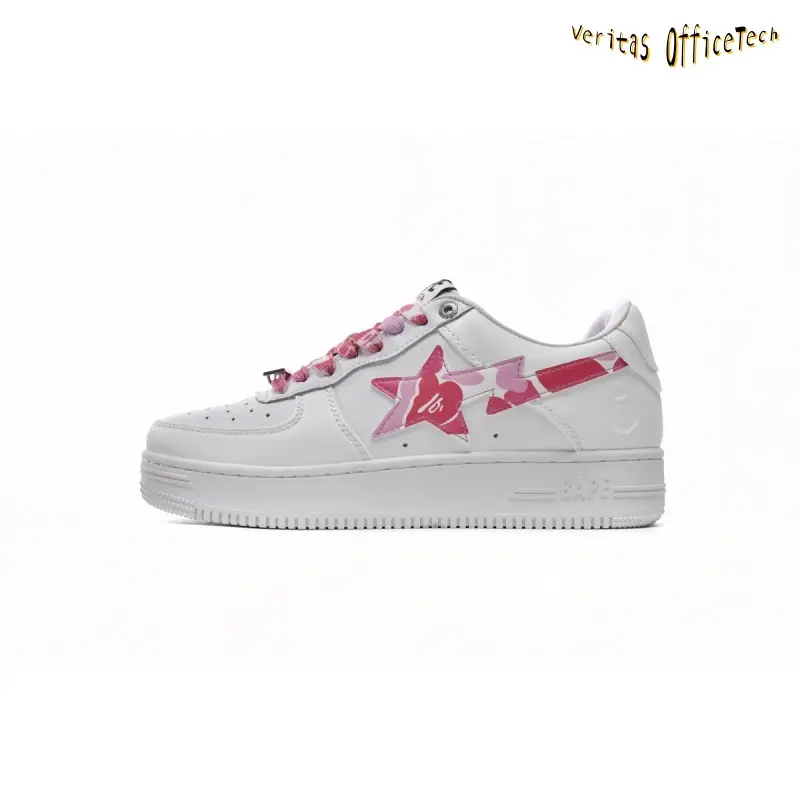 Retro White Base Pink Camo Print Leather Board Shoes Star Print Accent Low Top Soft Leather Street Casual Walking Sneakers