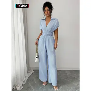 Elegant striped fitted jumpsuit with a cross V-neck and tie waist, wide-leg long pants, office style, women’s fashionable all-day wear GARMENTARY