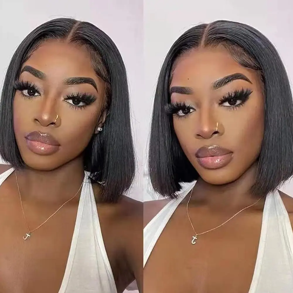 NERKRE 4x4 Glueless Beginner Lace Straight Wig, 16 Inch Human Hair Short Wig for Black Females, 180% Density Pre-Plucked Pre-Cut Bleached with Adjustable Elastic Band, Glueless Beginner Wig