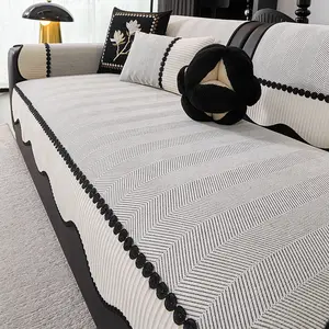 Herringbone Sofa Cover – Wavy Skirt & Pom-Pom Trim, French Retro Non-Slip Washable Furniture Protector for Living Room Sofas