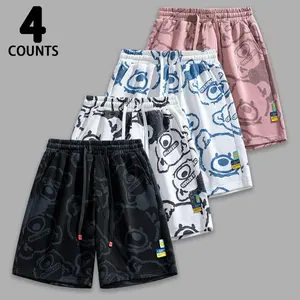 Men's Tie-Up Cartoon Bear Print Casual Shorts - White with Blue Bear Pattern, Elastic Waist, Lightweight Summer Streetwear Sweat Shorts, Tie-Up Men's Shorts