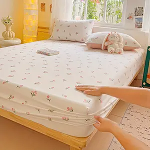 3pcs Fitted Sheet Set, New Ultra Soft Floral Pastoral Style Freshness All-Season Mattress Protector Cover, Soft Comfort Breathable, Four Seasons Universal Fitted Sheet Three Piece Tulip 1 Fitted Sheet + 2 Pillowcases, Machine Washable
