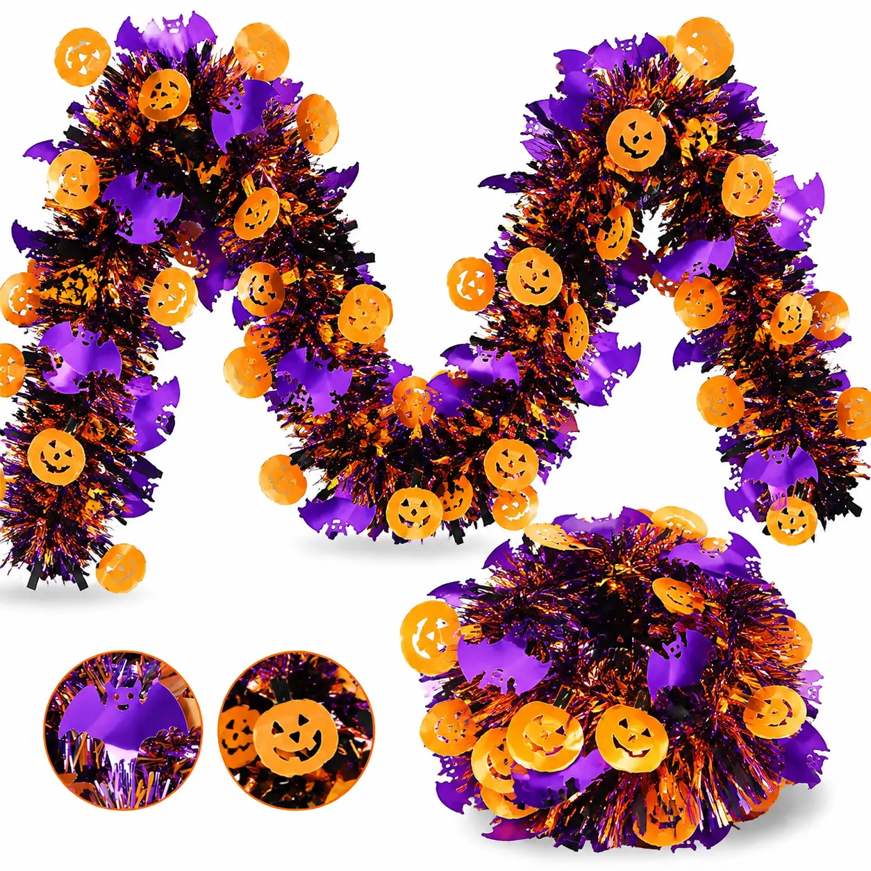 Halloween Tinsel Garland Shiny Metallic Tinsel with Orange Pumpkins Bats & Gold Foil Spider Halloween Decorations for Indoor Home Party Mantle Stairs Christmas Tree Holiday Ornament