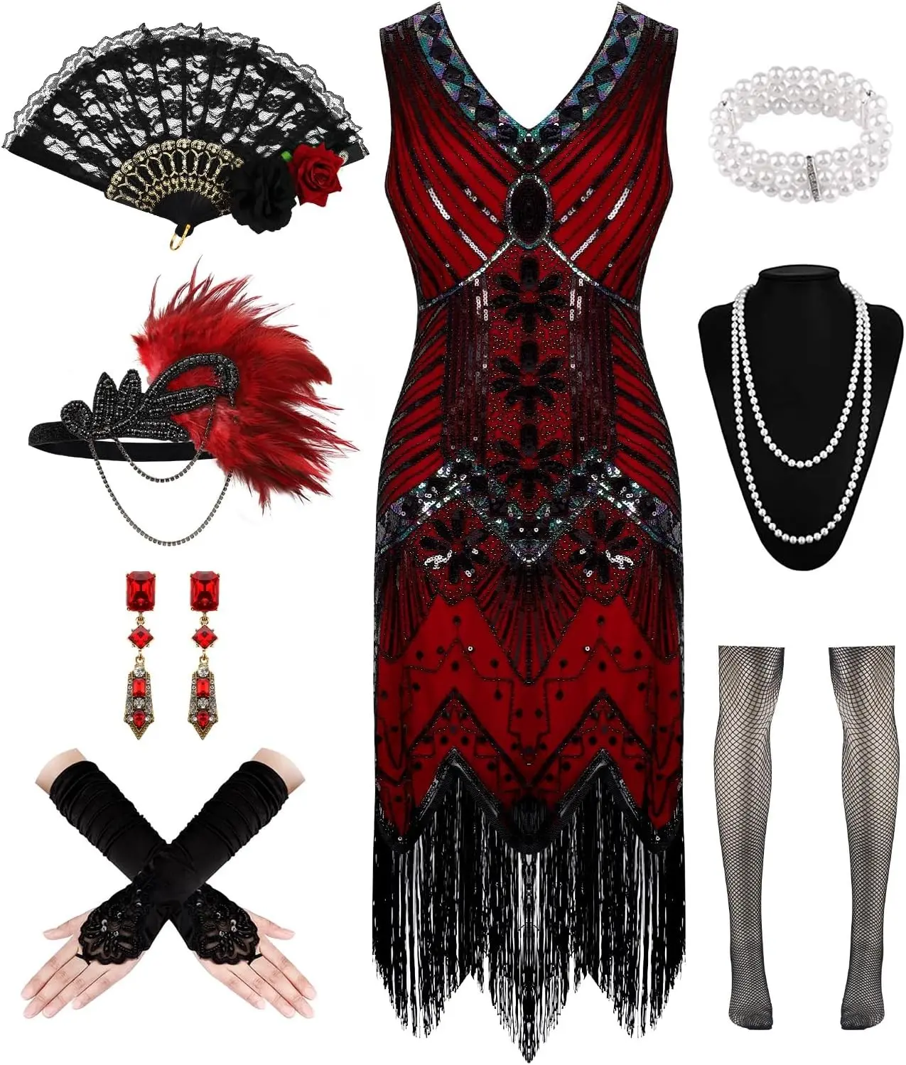 1920s Vintage Flapper Dress for Women Lace Sequins Beads Fringes with 20s Feather Headband Fan Accessories Vintage Mafia Costume