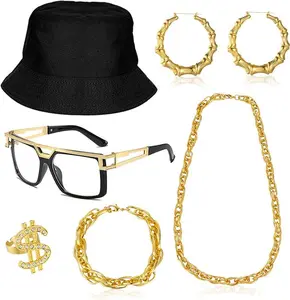 6 PCS Men's and Women's Hip Hop Costume Set - Vintage Rap Artist Jewelry, 80s To 90s Accessories, Classic Set, Textiles & Soft Furnishings