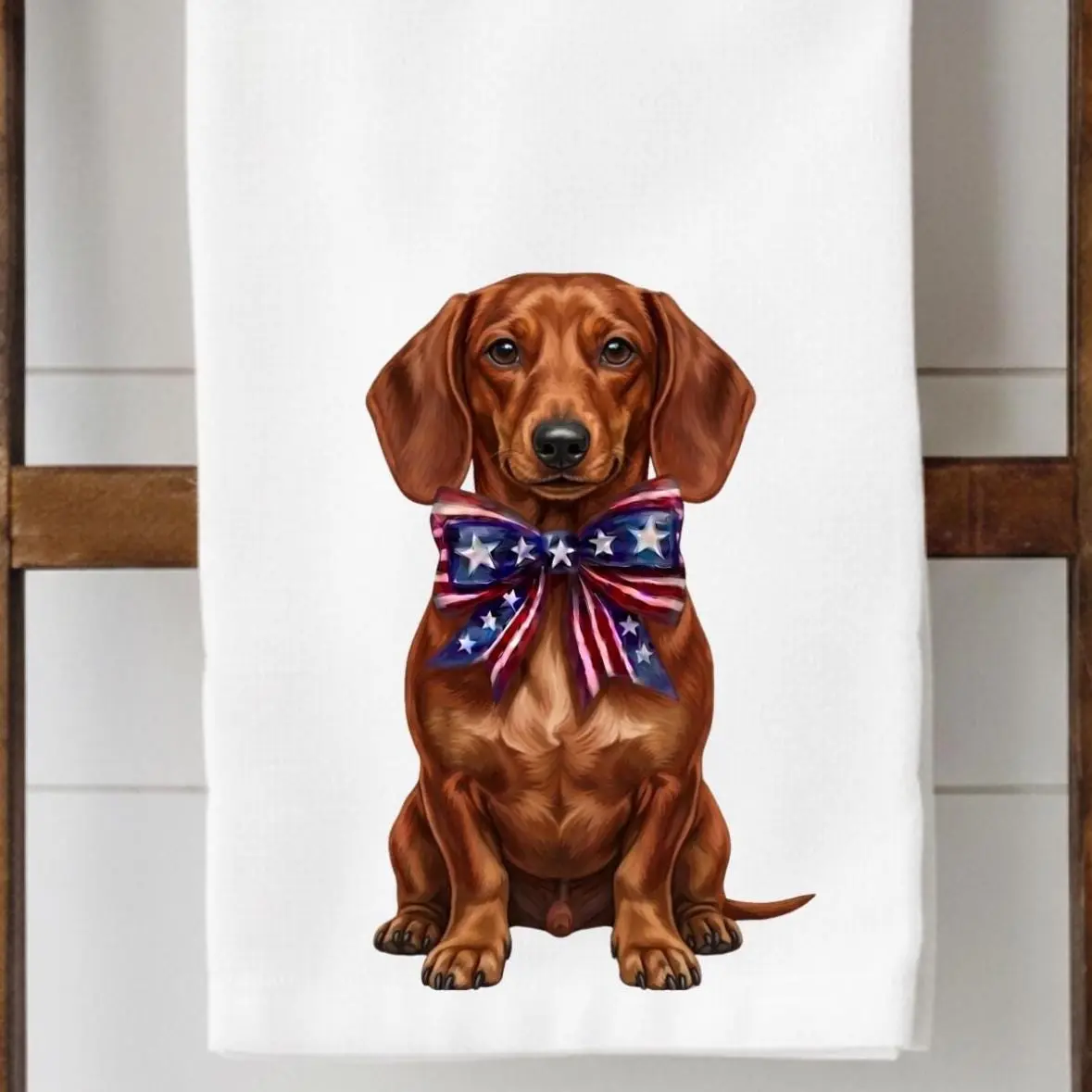 Red Dachshund Tea Towel – Patriotic Doxie Kitchen Decor – Wiener Dog Gift – Summer Farmhouse Towel
