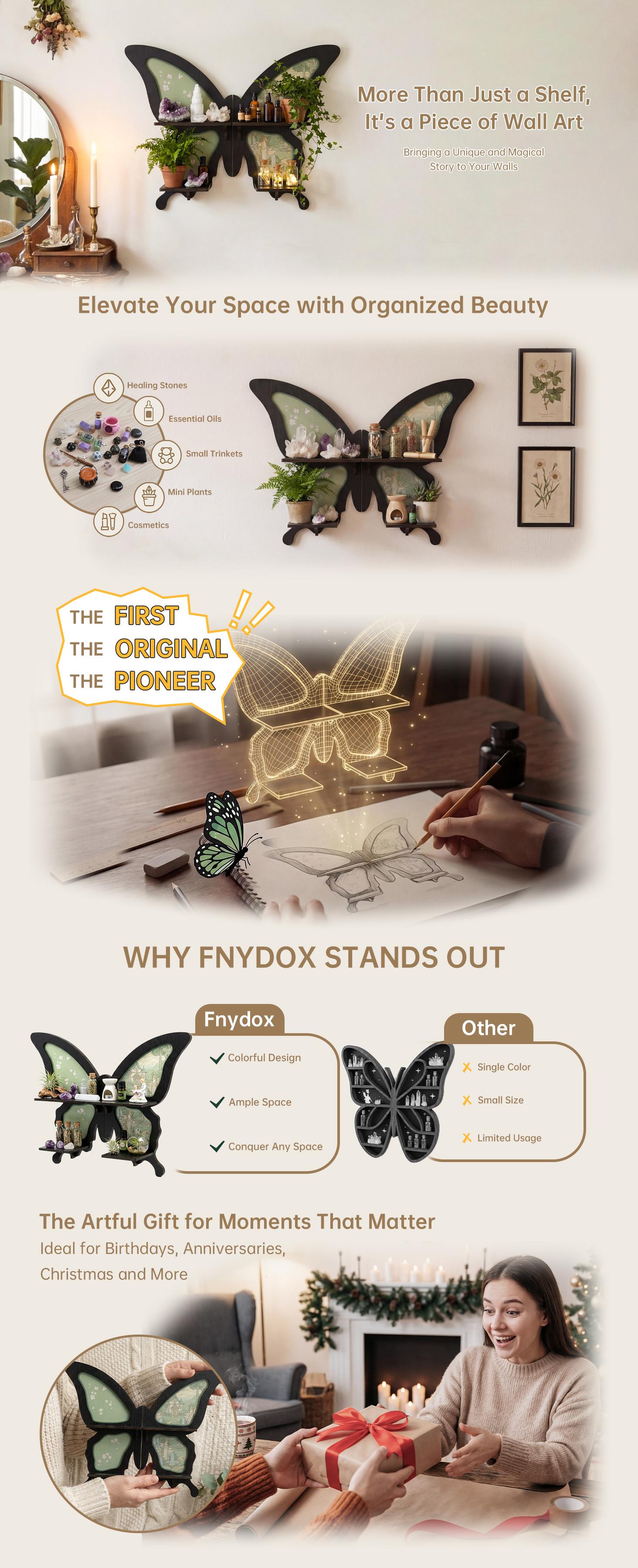 FNYDOX   Butterfly Floating Shelves Hallway Wall Decor, Vintage Cottagecore Whimsigoth Hanging Shelf for Nursery Bedroom Living Room, Aesthetic Wood Corner Storage Trinket Crystals Knick Knacks Gifts Display