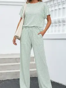 Womens Striped 2 Piece Sets Short Sleeve T Shirts Wide Leg Pants Matching Lounge Set with Pockets Batwing Casual