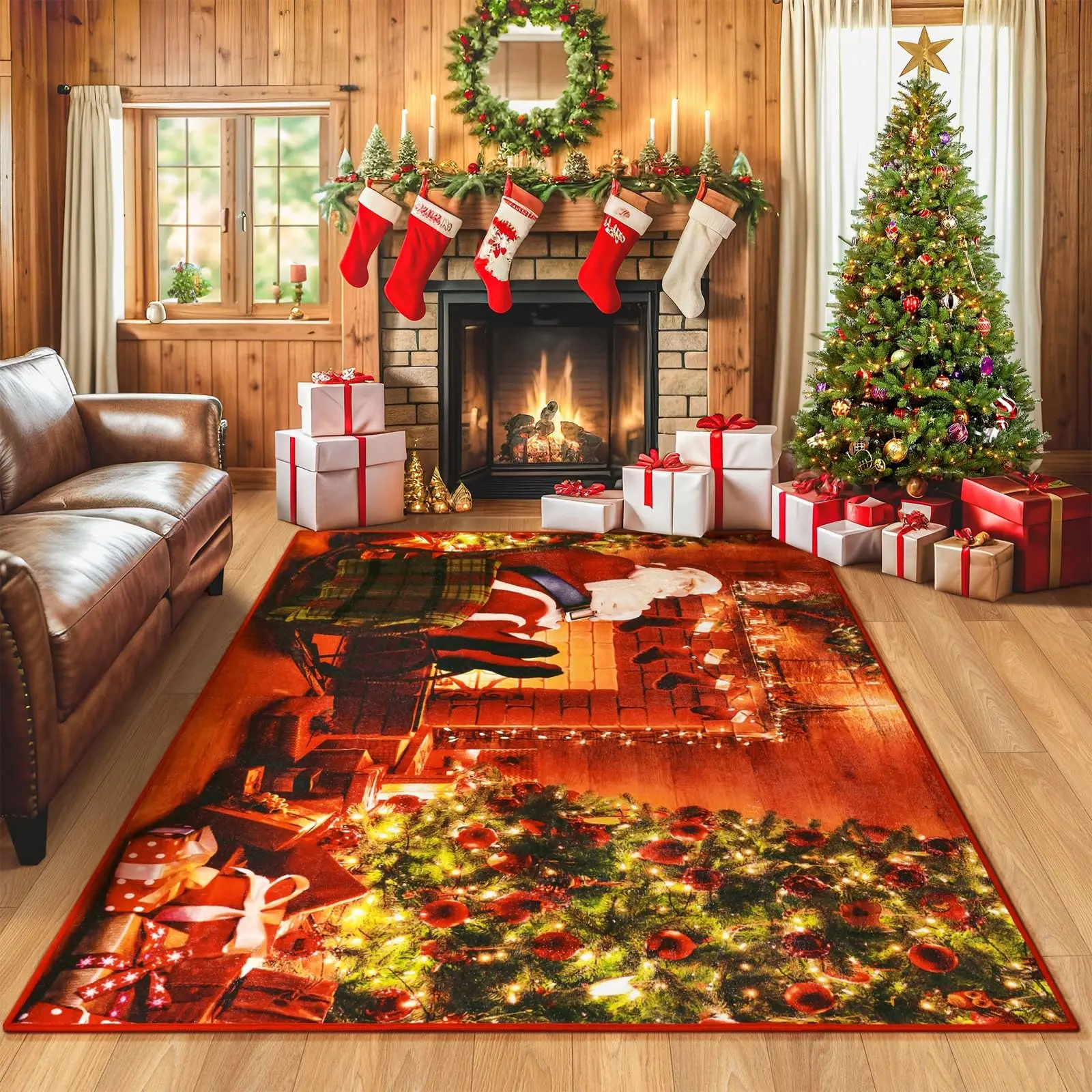 Non-Slip Washable Christmas Area Rug 2x3ft 4x6ft, Santa Fireplace Tree Indoor Carpet, Festive Holiday Rug for Living Room Bedroom Laundry Room Decor