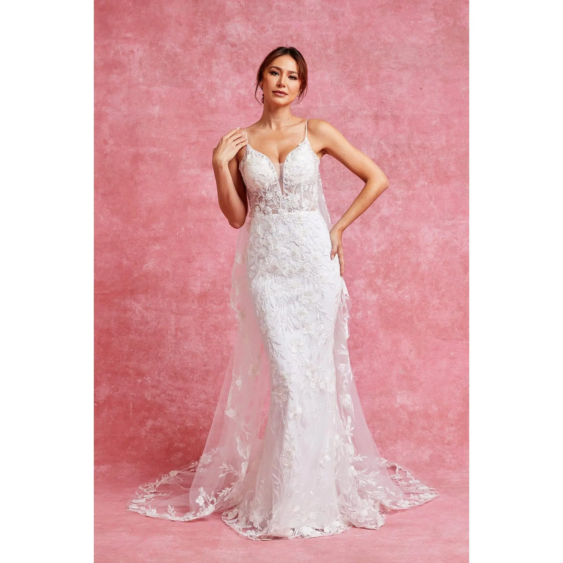 Floral Lace Mermaid Wedding Dress with Cathedral Veil Train – Beaded Bridal Gown - SIPSW5227