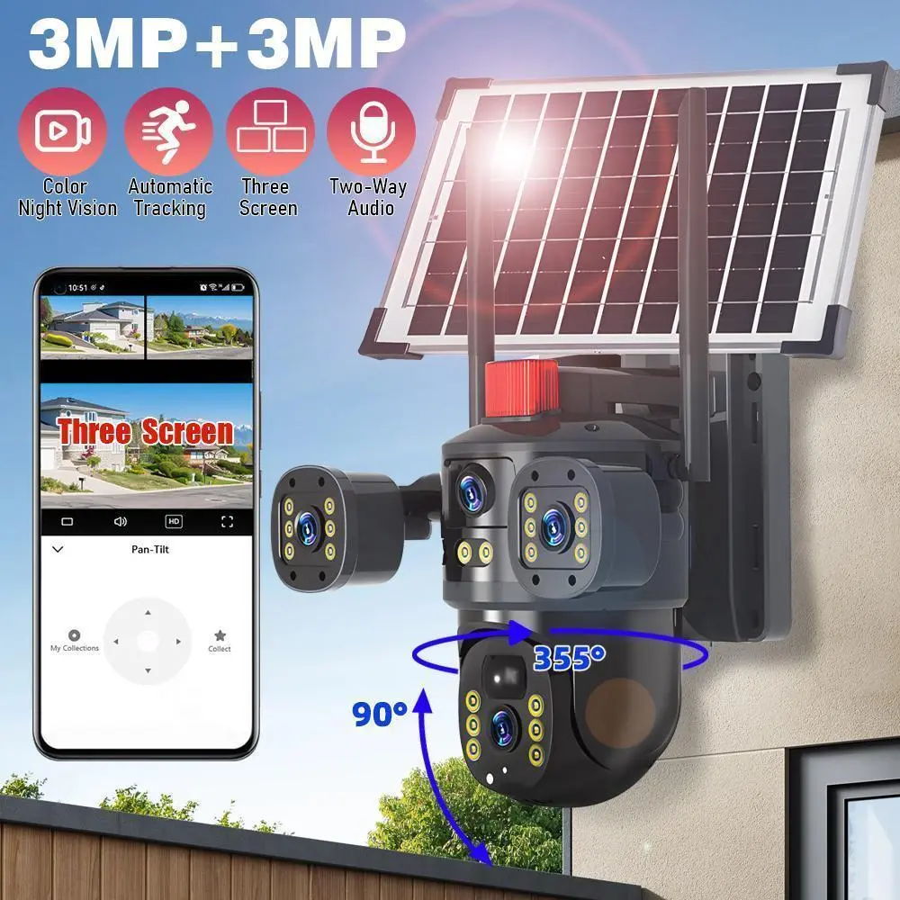 【Summerfinds】【DealsForYouDays】Solar Battery WiFi Security Camera – 3 Lens 360° Pan/Tilt, Wireless Outdoor Home CCTV Surveillance System,for Valentine’s Day Gift