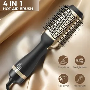 4-in-1 Hot Air Brush for All Hair Types  Professional Volumizer and Styler with Curly Iron, Straightener, and Dryer Attachments, Ergonomic Handle, 850W Powerful Motor, US Plug Green