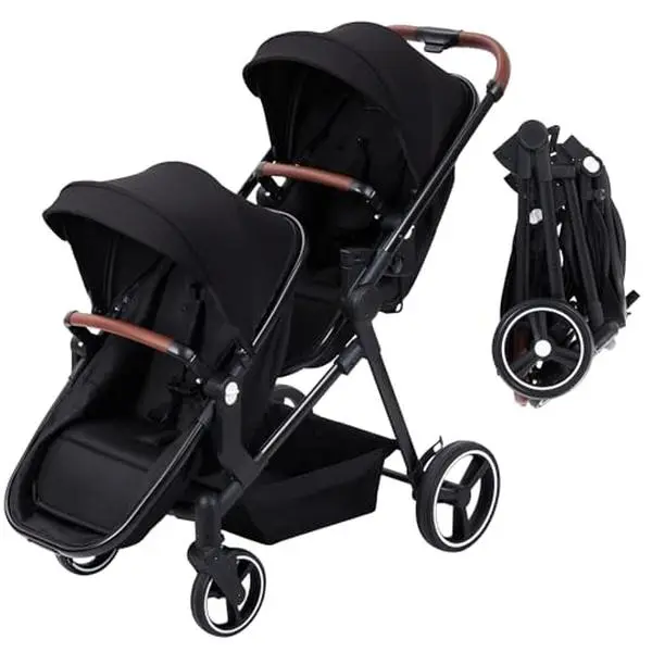 PeakPursuit Double Tandem Stroller for Infant & Toddler - Collapsible Twin Pushchair with Reversible Seat - Multi-Position Backrest & Canopy, 5-Point Harness, Large Storage Basket, Lightweight Pram