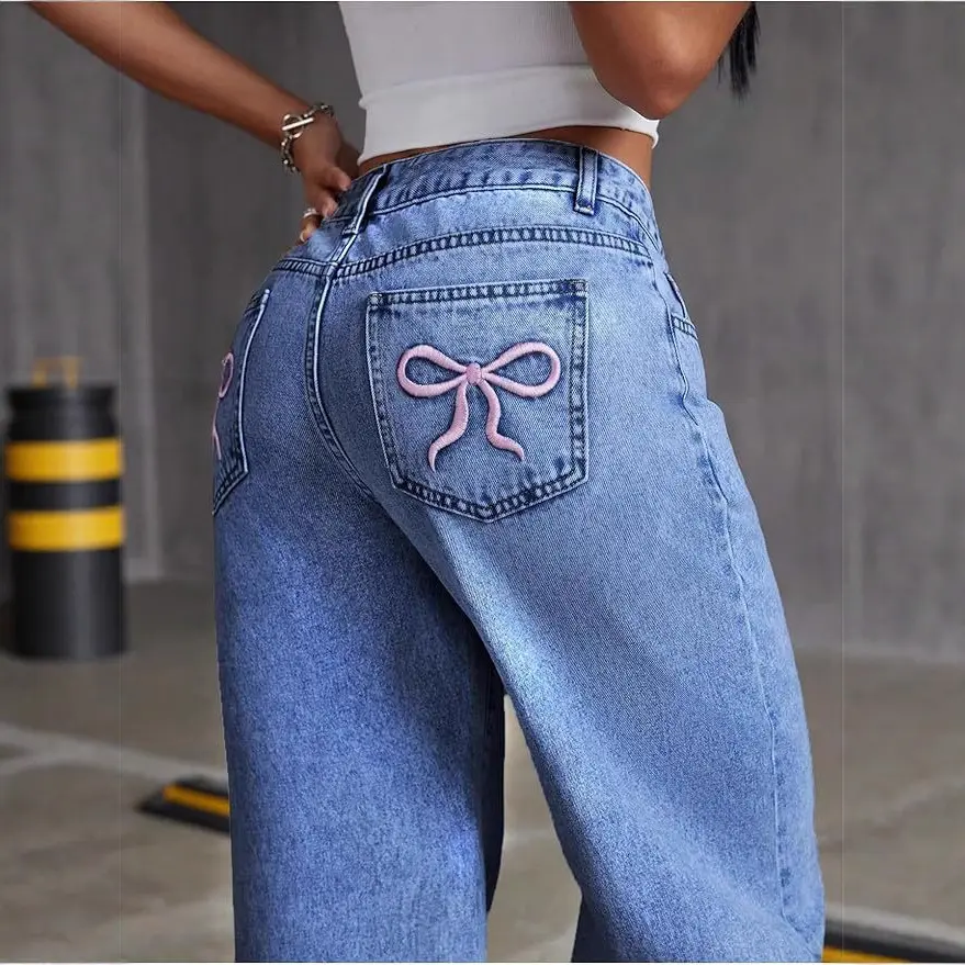 Bowknot Embroidered Women's Jeans, High-Waisted Straight-Leg Loose Pants, Slimming Effect