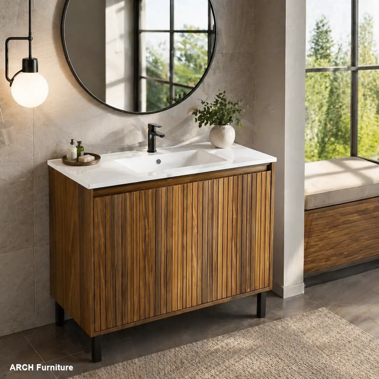 36-Inch Modern Floor-Standing Bathroom Vanity with White Sink, Multilayer Wood Construction for Stability, Soft-Closing Storage Drawers for Noiseless Operation, Sleek Oak Finish for Modern Aesthetic Ceramic Sink Undermount Sink