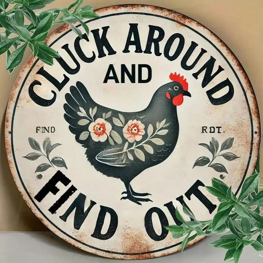 Vintage Round Chicken-Themed Aluminum Hanging Welcome Plaque Sign - Rustic Playful Natural Tones Home Supplies, Farmhouse Decor Accessory - Ideal for Front Door, Outdoors, Gift, Bird