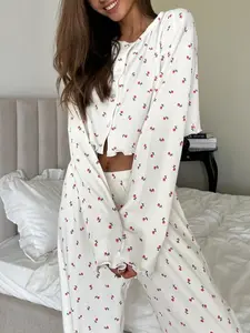 Women's Autumn Winter Casual Knit Set, Heart Pattern Long Sleeve Top & Pants, Loose-Fitting Christmas Valentine's Day Nightwear