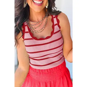 Rose Stripe Striped Scalloped Edge U Neck Sleeveless Sweater Vest
