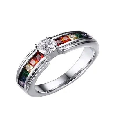 Black Stainless Steel Rainbow Promise Rings For Couples - LGBT Pride Wedding Bands, Cubic Zirconia, Free Engraving - View #3