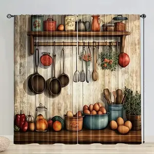 2 pieces of vintage farmhouse kitchen curtains semi transparent, Home Decoration Curtain, with cooking patterns (cookware and cooking utensils), pole mouth design suitable for farmhouse kitchen, living room, bedroom, countryside brown, beige, red, orange