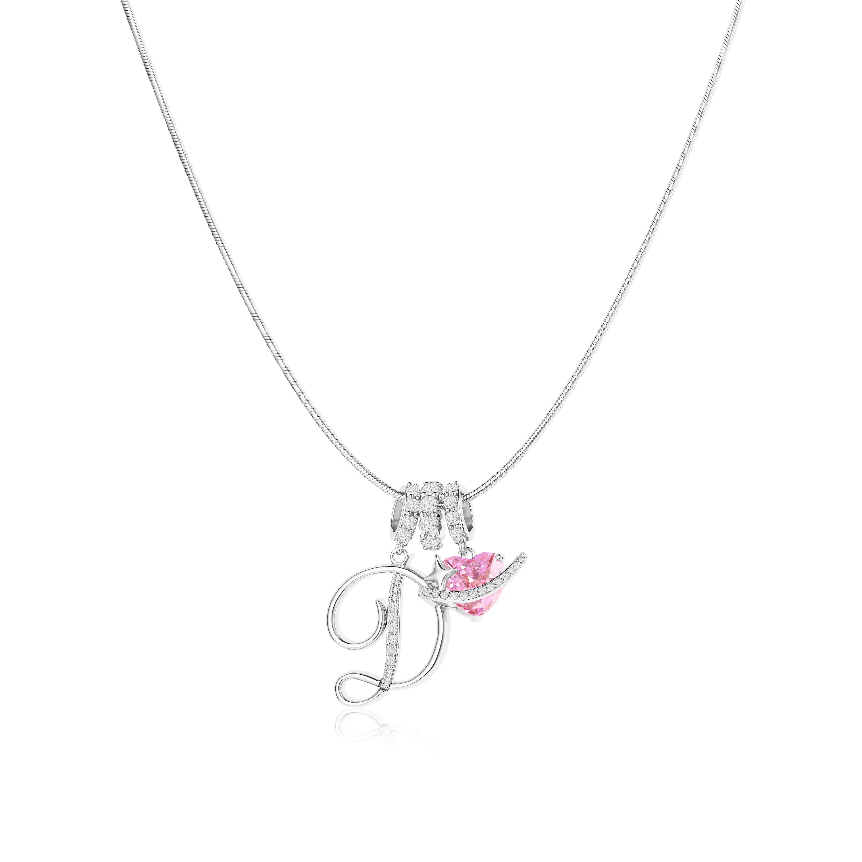 TEWIKY Women's Initial Necklaces, 925 Sterling Silver 3-Layered Pendant with Blush Pink Heart Zircon, Adjustable Snake Chain, Silver Initial Necklace for Her Anniversary Gift-LB