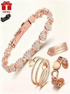 Women's Pure Copper Magnetic Bracelet Set, Includes 2 Rings, 3800 Gauss Strong Magnet, Diamond Design, Elegant Health Gift Box