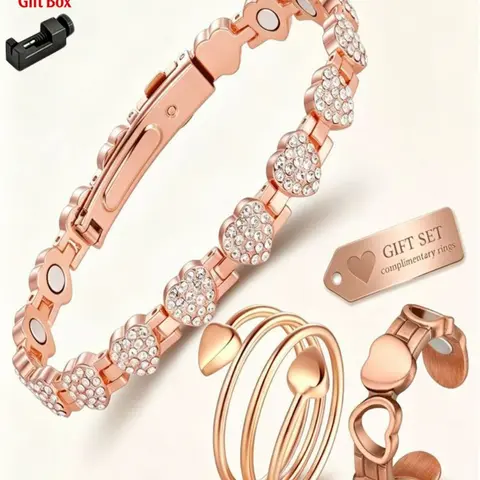 Women's Pure Copper Magnetic Bracelet Set, Bracelet Combination Set, Includes 2 Rings, 3800 Gauss Strong Magnet, Diamond Design, Health Gift Box, Diamond Encrusted Bracelet, Heart Bracelet Set