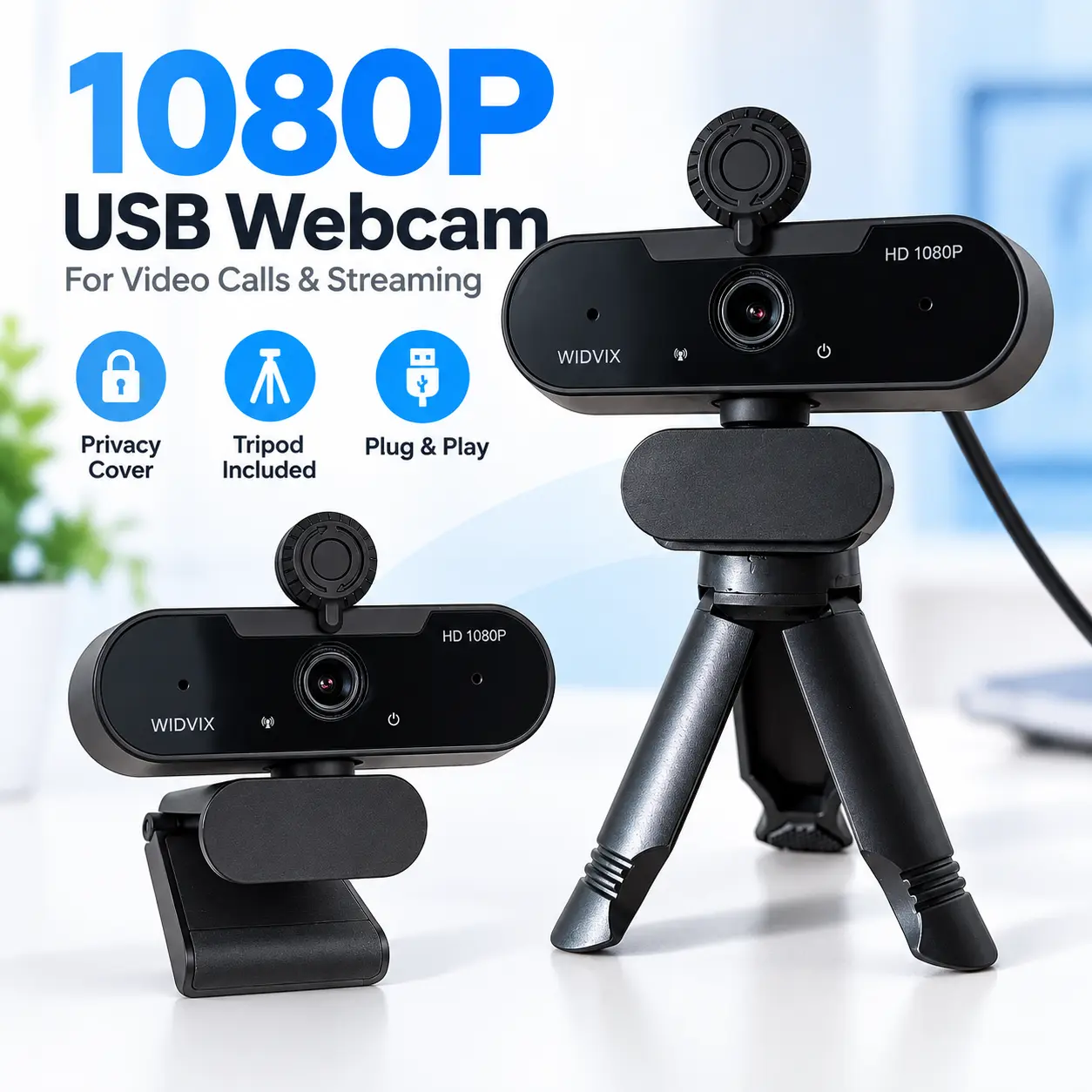 WIDVIX 1080P USB Webcam for PC, Wide Angle Camera with Built-in Microphone, Low-Light Adjustment, Privacy Cover, Tripod Compatible, Plug & Play for Video Calls, Meetings and Online Classes Safety Safety